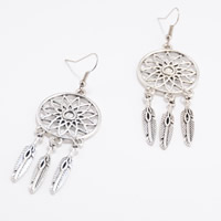 Zinc Alloy Drop Earring iron earring hook Feather antique silver color plated hollow nickel lead & cadmium free 75mm Sold By Bag