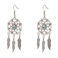 Zinc Alloy Dream Catcher Earring with Turquoise iron earring hook antique silver color plated nickel lead & cadmium free 76mm Sold By Bag