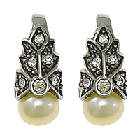 Freshwater Pearl Pendants, Stainless Steel, with Freshwater Pearl, natural, micro pave cubic zirconia & blacken, white, 7x18x8mm, Hole:Approx 4.5x9mm, Sold By PC