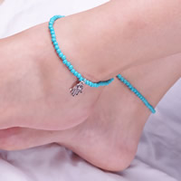 turquoise synthétique bracelet de cheville, avec alliage de zinc, Main de Fatma, Islam bijoux, bleu, 200mm, Longueur Environ 7.5 pouce, 3Strandstoron/sac, Vendu par sac