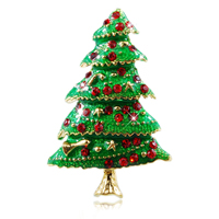 Рождественские Броши, цинковый сплав, Рождественская елка, плакирован золотом, Рождественские украшения & эмаль & со стразами, зеленый, не содержит никель, свинец, 49x33mm, 6ПК/сумка, продается сумка