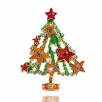 Christmas Brooches, Tibetan Style, Christmas Tree, gold color plated, Christmas jewelry & enamel & with rhinestone, nickel, lead & cadmium free, 54x41mm, 10PCs/Bag, Sold By Bag