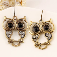 Zinc Alloy Drop Earring brass earring hook Owl antique gold color plated with rhinestone nickel lead & cadmium free 44mm Sold By Pair