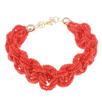Glas Seed Beads Armbånd, med Zinc Alloy, med 5cm extender kæde, guldfarve belagt, kumihimo, rød, 2x1-3x3mm, Solgt Per Ca. 7.5 inch Strand