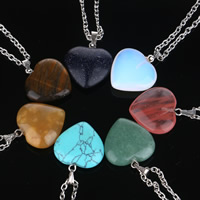Natural Gemstone Necklace with iron chain Heart silver color plated & oval chain 20mm Length Approx 19.5 Inch Sold By Bag