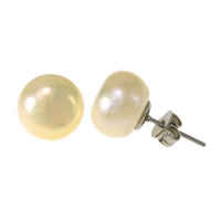 Freshwater Pearl Earrings, Stainless Steel, with Freshwater Pearl, natural, light orange, 11x11x21mm, Sold By Pair