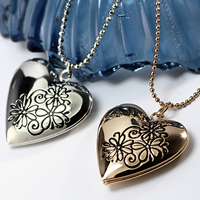 Fashion Locket Necklace Brass with 2lnch extender chain Heart plated with photo locket & ball chain & with flower pattern & enamel nickel lead & cadmium free Sold Per Approx 17 Inch Strand