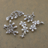 Freshwater Pearl Brooch, with Brass, with rhinestone, mixed colors, 31-61x20-38x7-17mm, 10PCs/Lot, Sold By Lot