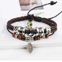PU Leather Cord Bracelets, Tibetan Style, with PU Leather & Wood & Copper Coated Plastic, Leaf, antique silver color plated, charm bracelet & adjustable & 2-strand, nickel, lead & cadmium free, 20x11mm, Length:Approx 7.4 Inch, 30Strands/Lot, Sold By Lot