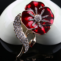 Enamel Brooch, Tibetan Style, Poppy, gold color plated, with rhinestone, nickel, lead & cadmium free, 67x40mm, 12PCs/Lot, Sold By Lot