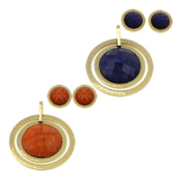 Resin Jewelry Sets, pendant & earring, Stainless Steel, with Resin, Flat Round, gold color plated, faceted, more colors for choice, 40.5x40.5x8.5mm, 18x18mm, Hole:Approx 5x6mm, 10Sets/Lot, Sold By Lot