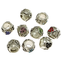 Zinc Alloy European perler, Drum, sølvfarvet forgyldt, med hjerte mønster & uden trold & med rhinestone & sværte, flere farver til valg, nikkel, bly & cadmium fri, 7.50x9.50mm, Hole:Ca. 5mm, 100pc'er/Lot, Solgt af Lot