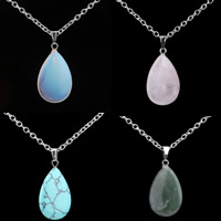 Natural Gemstone Necklace with iron chain Teardrop silver color plated & oval chain 25mm Length Approx 19.5 Inch Sold By Bag