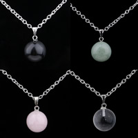 Natural Gemstone Necklace with iron chain Round silver color plated & oval chain 12mm Length Approx 19.5 Inch Sold By Bag