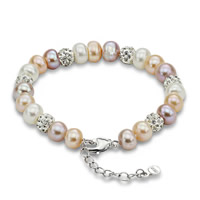 Freshwater Cultured Pearl Bracelet, Freshwater Pearl, with Clay Pave, brass lobster clasp, with 5cm extender chain, Potato, natural, with rhinestone, multi-colored, 8-9mm, Sold Per Approx 7.5 Inch Strand