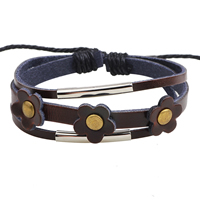 Cowhide Bracelet, with Brass & Tibetan Style, Flower, plated, adjustable & 3-strand, nickel, lead & cadmium free, 6mm, Length:Approx 7 Inch, 2Bags/Lot, 12Strands/Bag, Sold By Lot