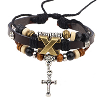 Men Bracelet Cowhide with Wood & Copper Coated Plastic & Zinc Alloy Cross plated charm bracelet & adjustable &  & with rhinestone nickel lead & cadmium free Length Approx 7 Inch Sold By Bag