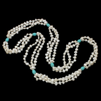 Пресноводные перлы ожерелье цепи свитера, Пресноводные жемчуги, с Синтетическая бирюза & Стеклянный бисер, Стиль Барокко, натуральный, белый, 5-7mm, отверстие:Приблизительно 0.8mm, Продан через 31 дюймовый Strand
