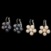 Freshwater Pearl Lever Back Earring, with Brass, Flower, silver color plated, natural, more colors for choice, 18x26x19mm, 6-7mm, Sold By Pair