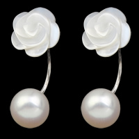 Dubbel inför Stud örhängen, Freshwater Pearl, med White Shell, mässing örhänge inlägg, Blomma, naturlig, vit, 8-9mm, 10x26x17mm, Säljs av Par