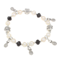 Freshwater Cultured Pearl Bracelet, Freshwater Pearl, with Crystal & Tibetan Style, with 4cm extender chain, Potato, antique silver color plated, charm bracelet & faceted, white, 7-8mm, Sold Per Approx 7 Inch Strand