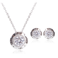 Zinc Alloy Jewelry Sets earring & necklace with iron chain stainless steel post pin with 5cm extender chain Flat Round word love platinum color plated oval chain & enamel & with cubic zirconia nickel lead & cadmium free 12mm 16mm Length Approx 16-18 Inch Sold By Bag