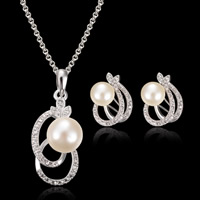Tibetan Style Jewelry Sets, earring & necklace, with iron chain & Glass Pearl, stainless steel post pin, platinum color plated, oval chain & with rhinestone, nickel, lead & cadmium free, 29mm, 24x64mm, Length:Approx 16-18 Inch, 3Sets/Bag, Sold By Bag