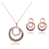 Tibetan Style Jewelry Sets, earring & necklace, with iron chain, stainless steel post pin, Flat Round, rose gold color plated, oval chain & enamel & with rhinestone, nickel, lead & cadmium free, 30x39mm, 44x55mm, Length:Approx 16-18 Inch, 5Sets/Bag, Sold By Bag
