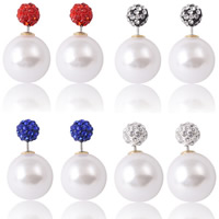 Double Faced Stud Earring, ABS Plastic Pearl, with Clay Pave, stainless steel post pin, Round, with rhinestone, more colors for choice, 16mm, 8mm, 3Pairs/Bag, Sold By Bag