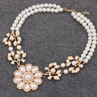 Plastic Pearl Necklace, Tibetan Style, with ABS Plastic Pearl, with 8cm extender chain, Flower, gold color plated, with rhinestone & 2-strand, nickel, lead & cadmium free, 400mm, Sold Per Approx 15.5 Inch Strand