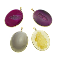 Natural Agate Druzy Pendant, Ice Quartz Agate, with Iron, Flat Oval, gold color plated, druzy style, more colors for choice, 40x55x8mm-41x57x9mm, Hole:Approx 4x6mm, 10PCs/Bag, Sold By Bag
