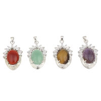 Gemstone Pendants Jewelry, Brass, with Gemstone, Flat Oval, platinum color plated, natural & different materials for choice & micro pave cubic zirconia, more colors for choice, nickel, lead & cadmium free, 25x40x11mm, Hole:Approx 4x2mm, Sold By PC