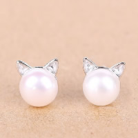 Freshwater Pearl Earrings, 925 Sterling Silver, with rubber earnut & Freshwater Pearl, Cat, natural, 9x8mm, 5Pairs/Lot, Sold By Lot