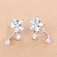 925 Sterling Silver Split Earring, Flower, with cubic zirconia, 12x18mm, 5Pairs/Lot, Sold By Lot