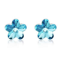 925 Sterling Silver Stud Earring, with rubber earnut & Crystal, Flower, blue, 6x6mm, 10Pairs/Lot, Sold By Lot
