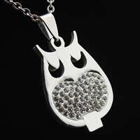 Stainless Steel Animal Pendants, with Rhinestone Clay Pave, Owl, original color, 24x33x3mm, Hole:Approx 3-5mm, 3PCs/Bag, Sold By Bag