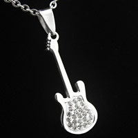 Stainless Steel Pendants, with Rhinestone Clay Pave, Guitar, original color, 13x37x3mm, Hole:Approx 3-5mm, 3PCs/Bag, Sold By Bag