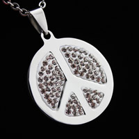 Stainless Steel Pendants, with Rhinestone Clay Pave, Peace Logo, original color, 30x34x3mm, Hole:Approx 3-5mm, 3PCs/Bag, Sold By Bag