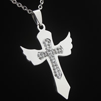 Stainless Steel Cross Pendants, with Rhinestone Clay Pave, Angel Wing Cross, original color, 32x45x3mm, Hole:Approx 3-5mm, 3PCs/Bag, Sold By Bag