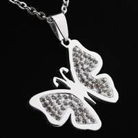 Stainless Steel Animal Pendants, with Rhinestone Clay Pave, Butterfly, original color, 30x26x3mm, Hole:Approx 3-5mm, 3PCs/Bag, Sold By Bag