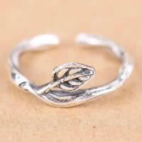 Thailand Sterling Silver Cuff finger ring, Leaf, öppet, 8mm, Storlek:6.5, 10PC/Lot, Säljs av Lot