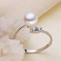 Freshwater Pearl Cuff Finger Ring, with Brass, Button, silver color plated, natural & with cubic zirconia, white, 8-9mm, US Ring Size:7-9, Sold By PC