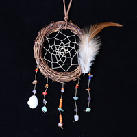 Fashion Dream Catcher, Iron, with Waxed Linen Cord & Feather & Velveteen & Glass Seed Beads, Flat Round, coffee color, 100x250mm, 2PCs/Bag, Sold By Bag