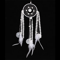 Mode Dreamcatcher, fer, avec plume & ruban de satin & coton & coquille, Plat rond, blanc, 110x450mm, 2PC/sac, Vendu par sac