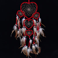 Мода Dreamcatcher, Железо, с перья & Нейлоновый шнурок & Стеклянный бисер, Сердце, красный, 170x700mm, 2ПК/сумка, продается сумка