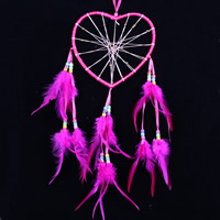 Мода Dreamcatcher, Железо, с перья & Нейлоновый шнурок & Стеклянный бисер, Сердце, ярко-розовые красный, 170x550mm, 2ПК/сумка, продается сумка