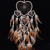 Mode Dreamcatcher, fer, avec plume & ruban de satin & corde en nylon & perles de rocaille en verre, coeur, couleur de café, 100x700mm, 2PC/sac, Vendu par sac