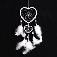 Mode Dreamcatcher, fer, avec plume & ruban de satin & corde en nylon & coquille, coeur, blanc, 100x400mm, 2PC/sac, Vendu par sac