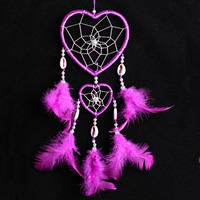 Fashion Dream Catcher, Iron, with Feather & Nylon Cord & Shell, Heart, bright rosy red, 100x400mm, 2PCs/Bag, Sold By Bag