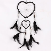 Fashion Dream Catcher, Iron, with Feather & Nylon Cord & Shell, Heart, black, 110x400mm, 2PCs/Bag, Sold By Bag